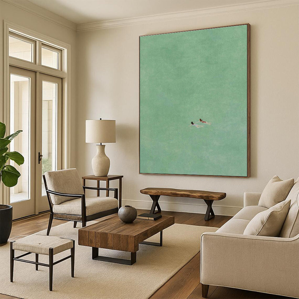 Two Figures Swimming in Green Abstract Painting ADGE305