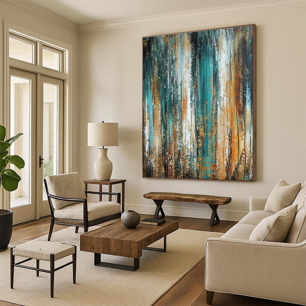 Large abstract oil painting featuring vertical textures in green and blue with brown and orange accents in a vintage style.STSC205
