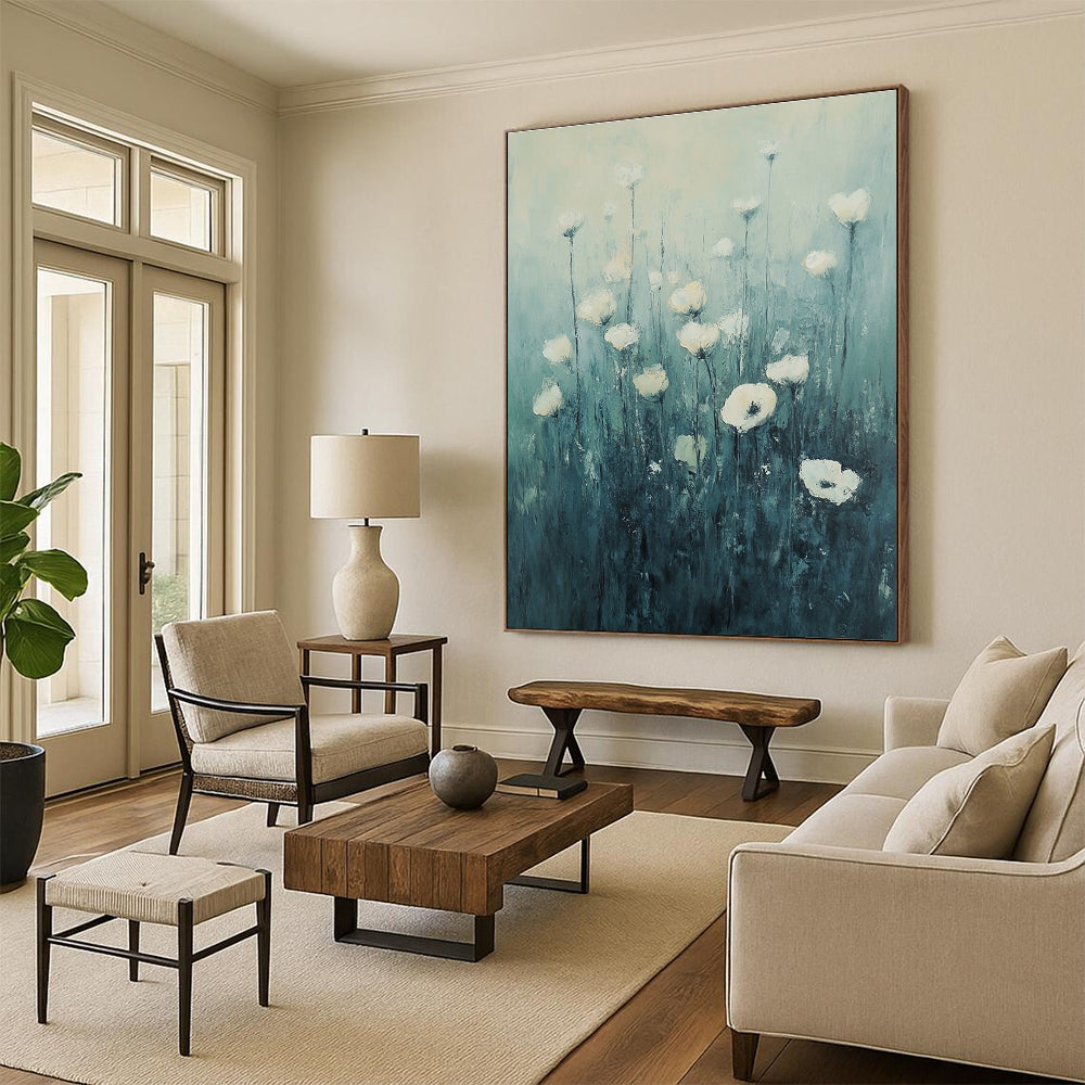Large abstract painting of white flowers in grass with dreamy hues and impressionist brushstrokes set against a tranquil blue-green gradient contexts.STSC1150