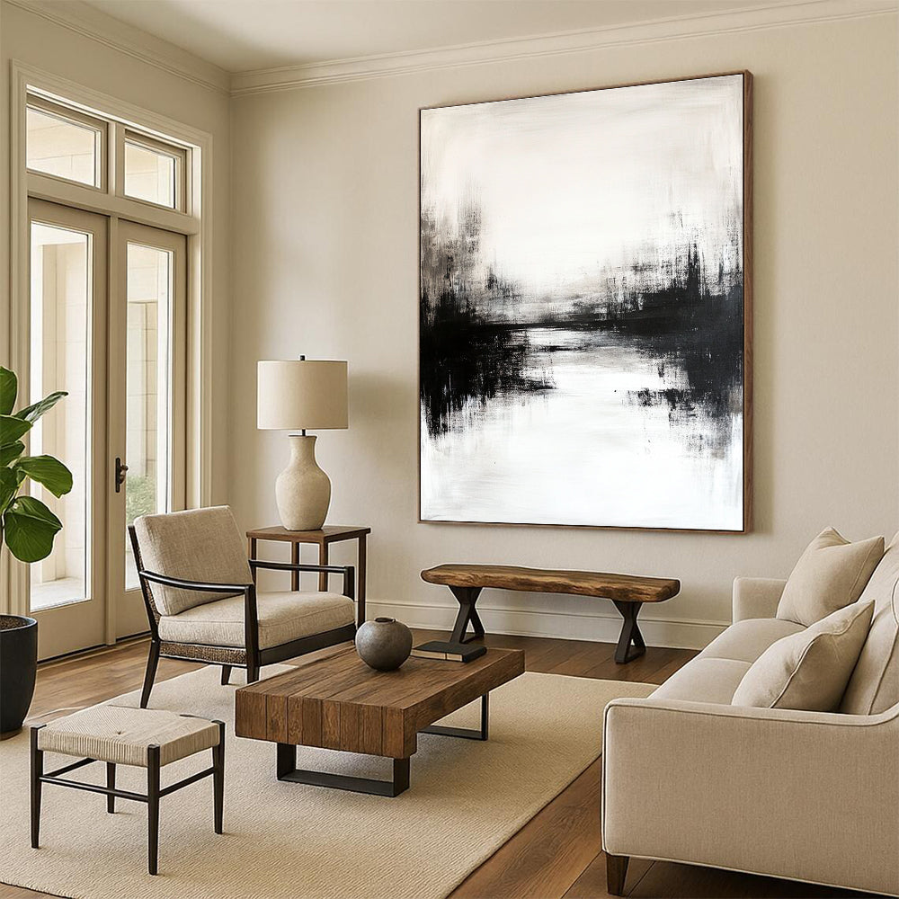 Large abstract painting featuring black and white tones with soft hazy reflections in neutral colors creating a low-contrast atmospheric effect.STSC234