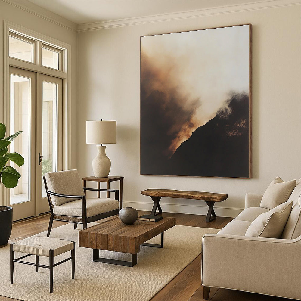 Large abstract painting of smoke rising in a misty atmosphere with a black mountain and golden glow capturing muted tones and hyperrealistic details.STSC698