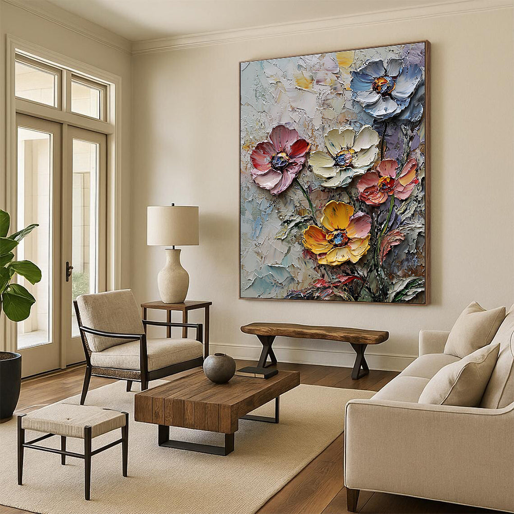 Large abstract painting of wildflowers in thick impasto texture and muted colors with densely clustered blossoms and rich background detail.STSC1302