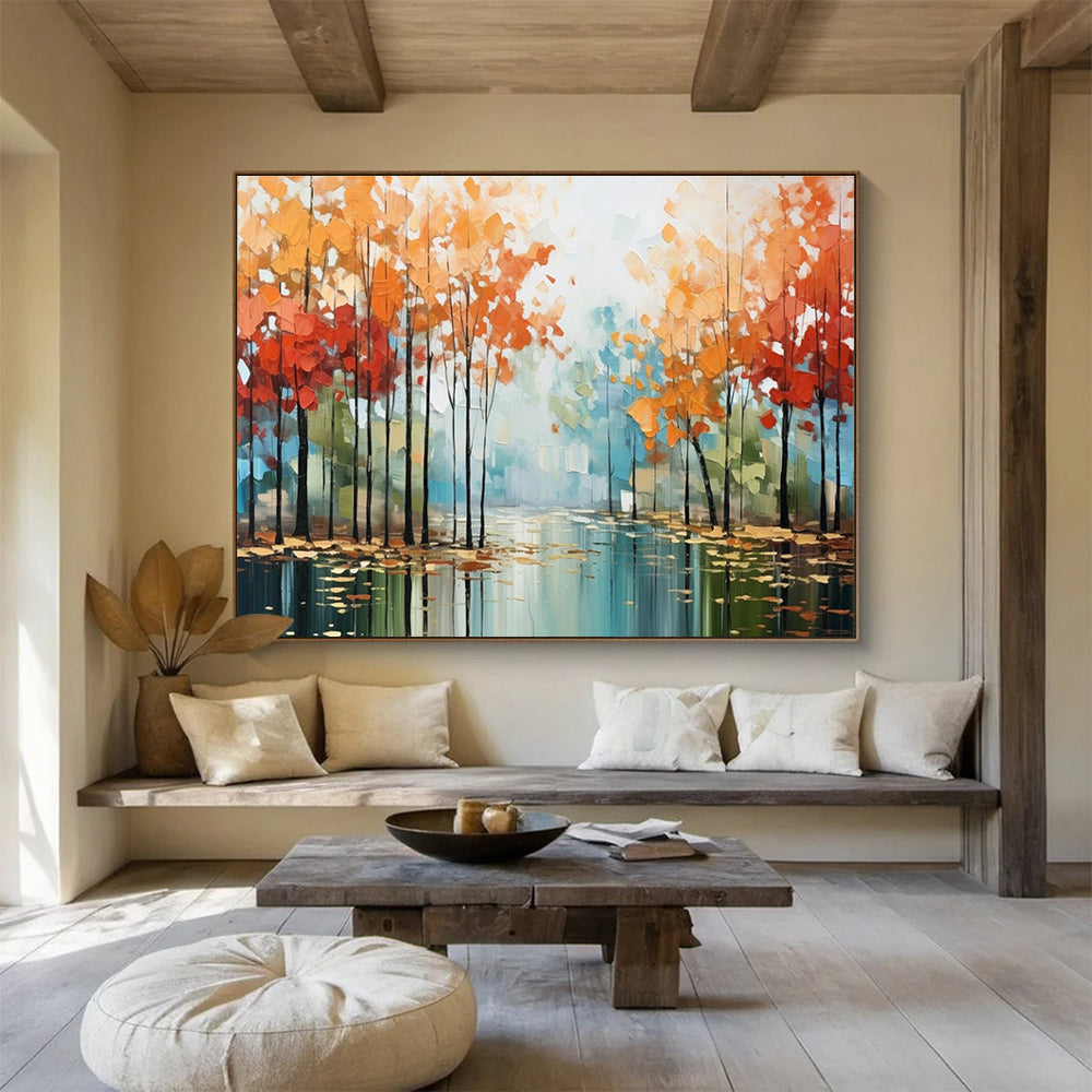 Autumn River Abstract Painting with Red, Orange, and Blue Tones THY164