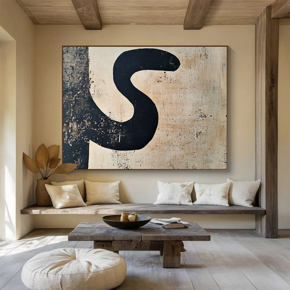 A large abstract painting featuring the letter S in black and beige, perfect for modern decor and minimalist aesthetics.SC501
