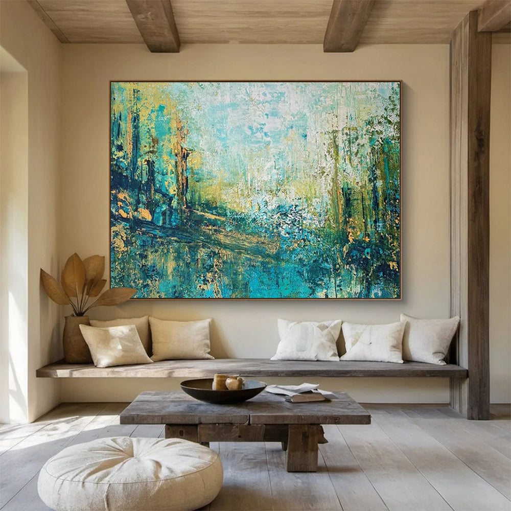Teal Gold Abstract Painting with Forest Path Themes THY357