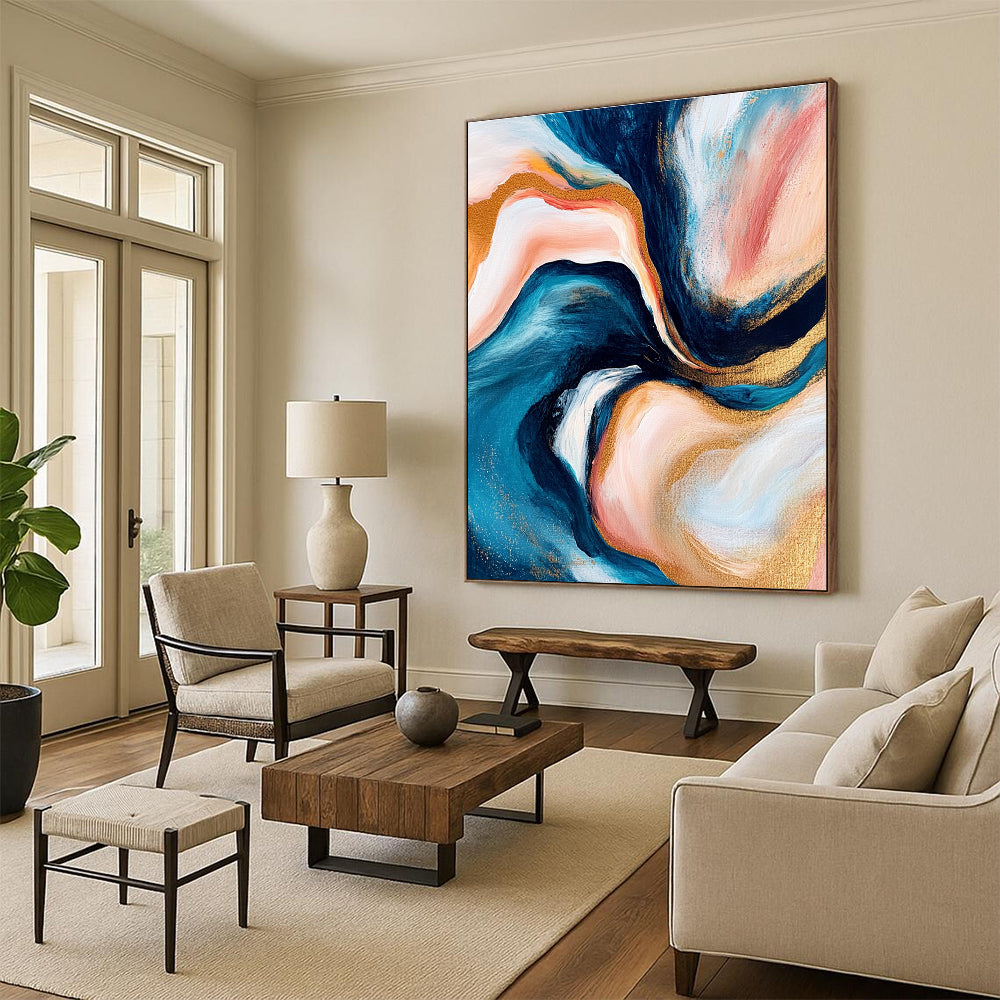 Blue Pink Gold Abstract Painting with Swirling Patterns GER782