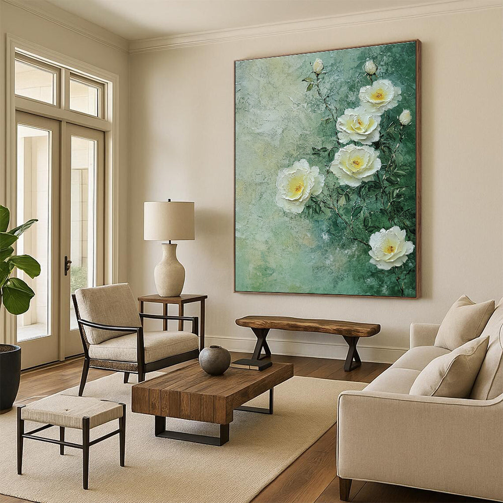 A large abstract painting featuring white roses on a light green background with soft tones and delicate brush strokes inspired by nature.STSC1490
