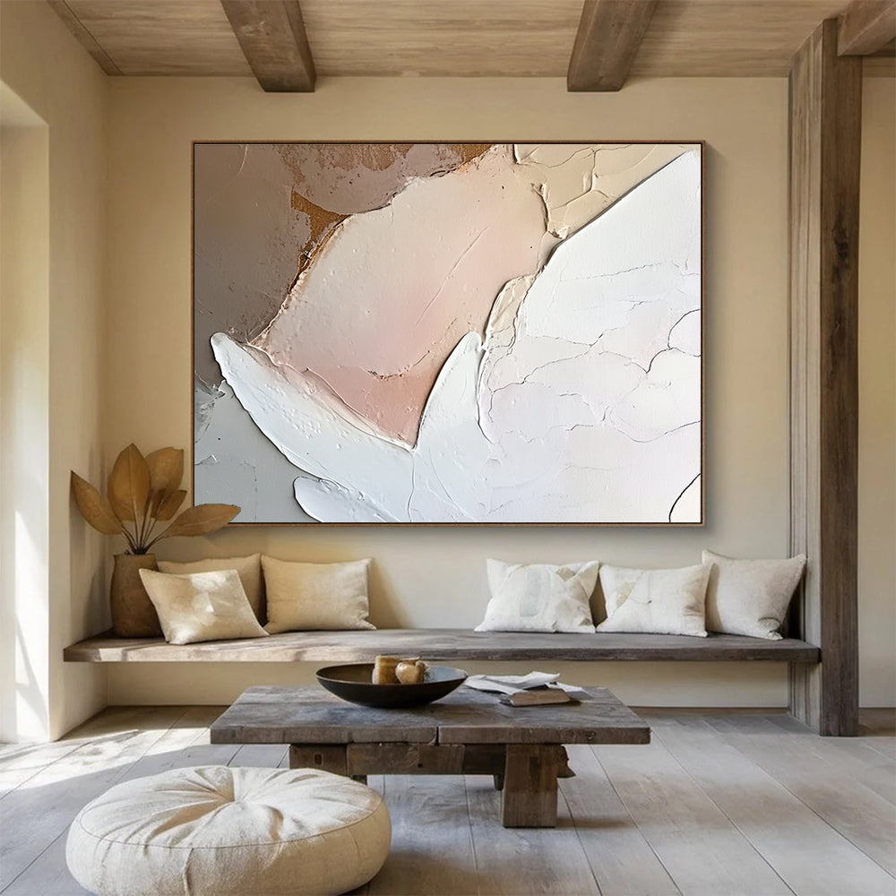 Large abstract painting of an angel featuring neutral colors and soft pink and white tones with heavy brush strokes on canvas.SC152