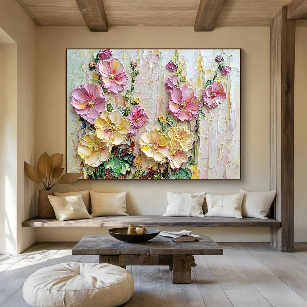 Textured Floral Abstract Painting with Pink and Yellow Hues DYP600