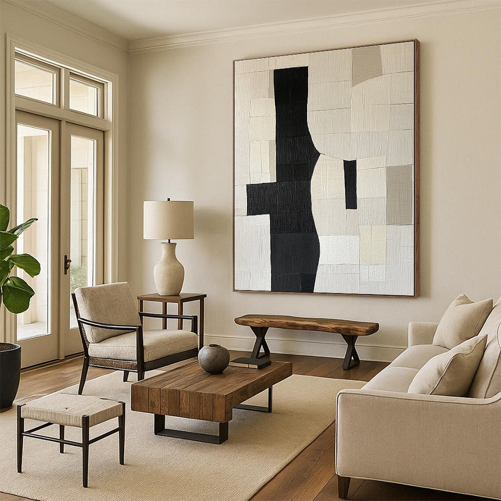 Large abstract painting featuring deconstructed doorway shapes in black grey and beige on a flat white background creating a minimalist collage effect.STSC392