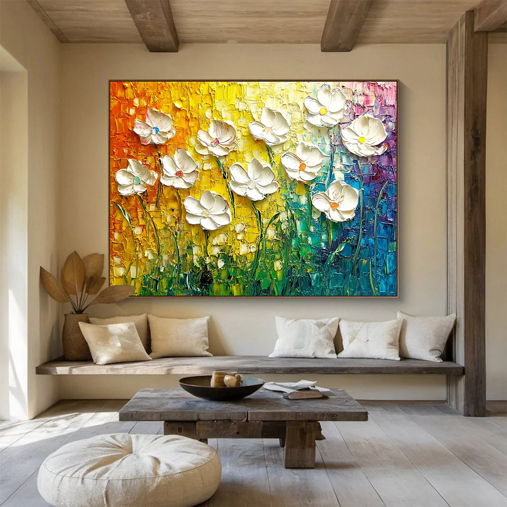 Textured White Flowers Abstract Painting with Colorful Background DYP430