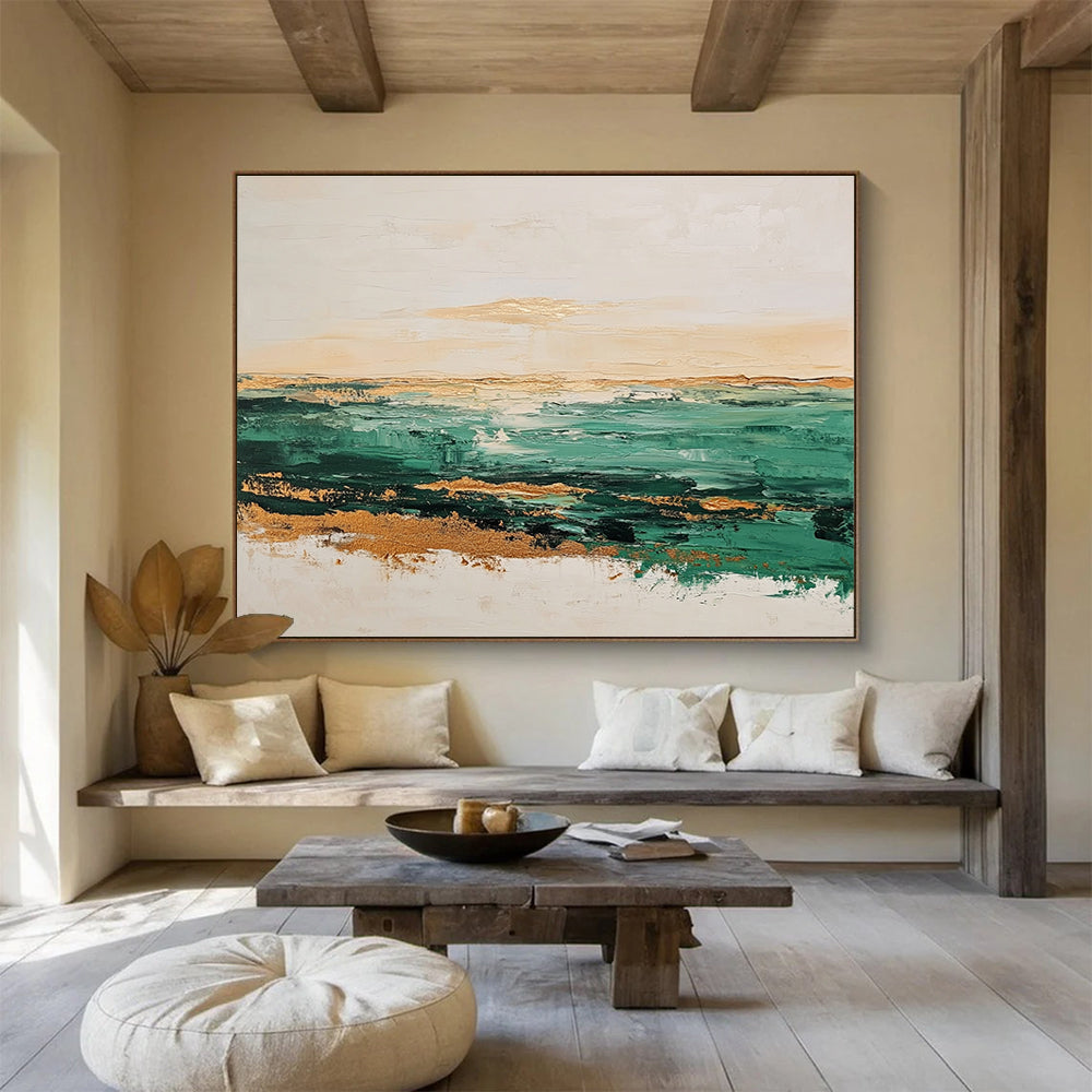 Green and Gold Coastal Abstract Painting with Textured Seascape DYP240