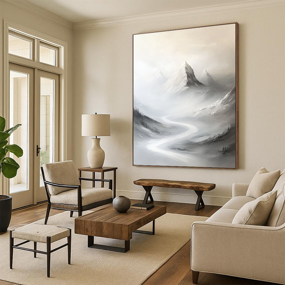 Abstract painting of snow-covered peaks in soft gray tones with a winding road leading to a distant mountain peak.STSC1492