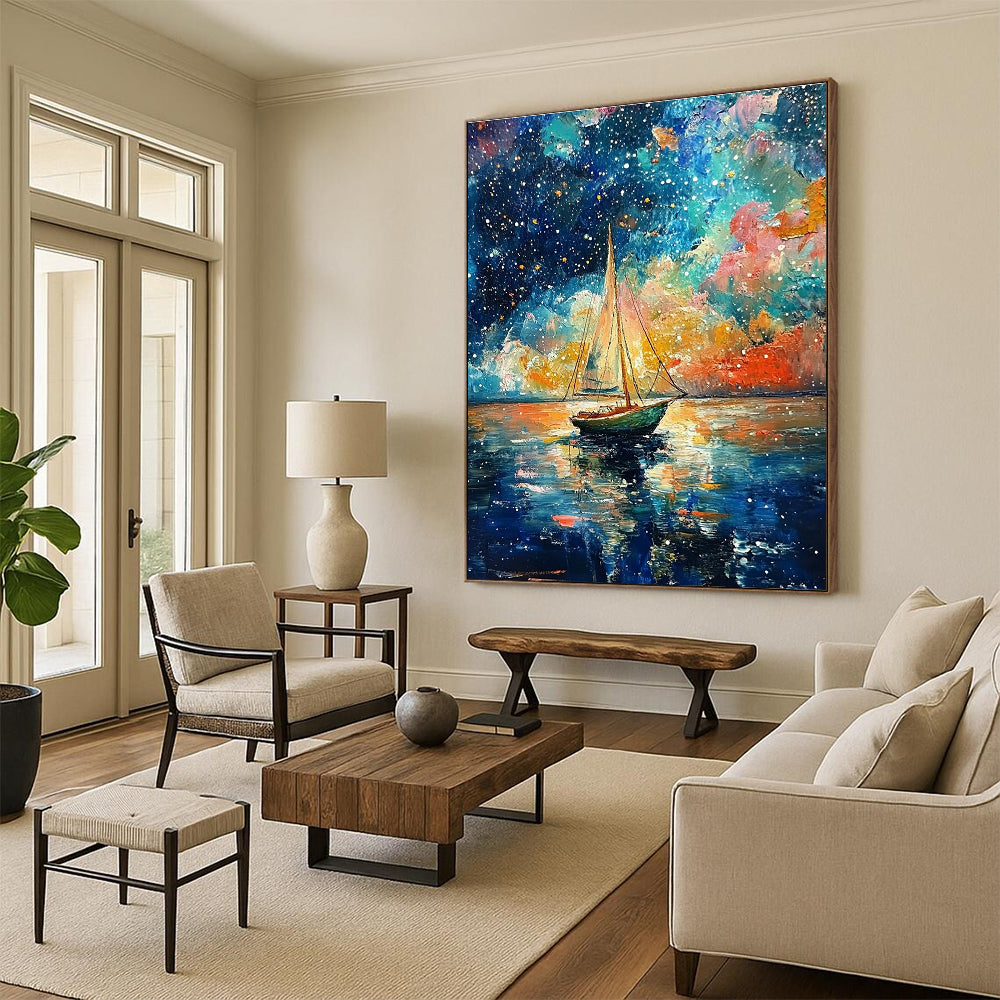 A large abstract painting featuring a small sailboat amidst vibrant colors and dreamy sky reflections in the style of Van Gogh.STSC1199