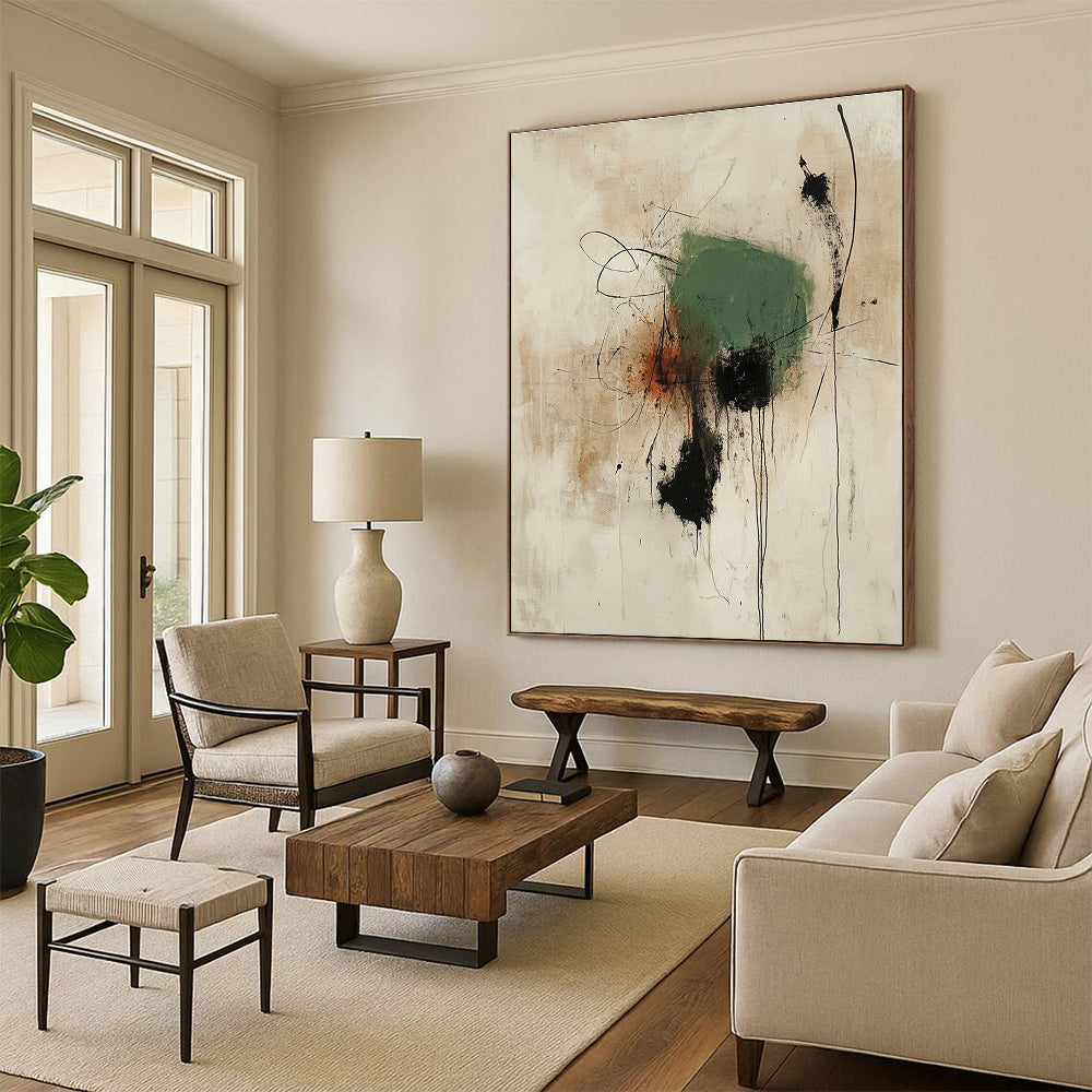 Large abstract painting featuring thick green shape with black accents and rust lines on an off-white background creating rich texture and depth.STSC1186