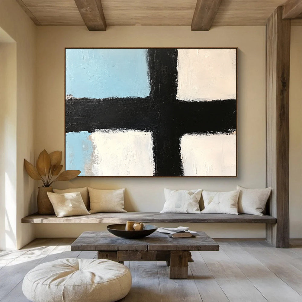 Blue White Black Geometric Abstract Painting with Clean Lines DYP309