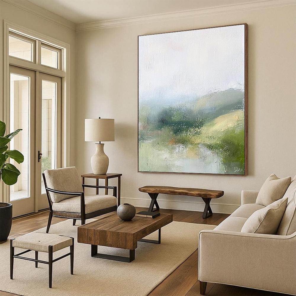 Soft Landscape Abstract Painting with Muted Green and Blue Tones GER184