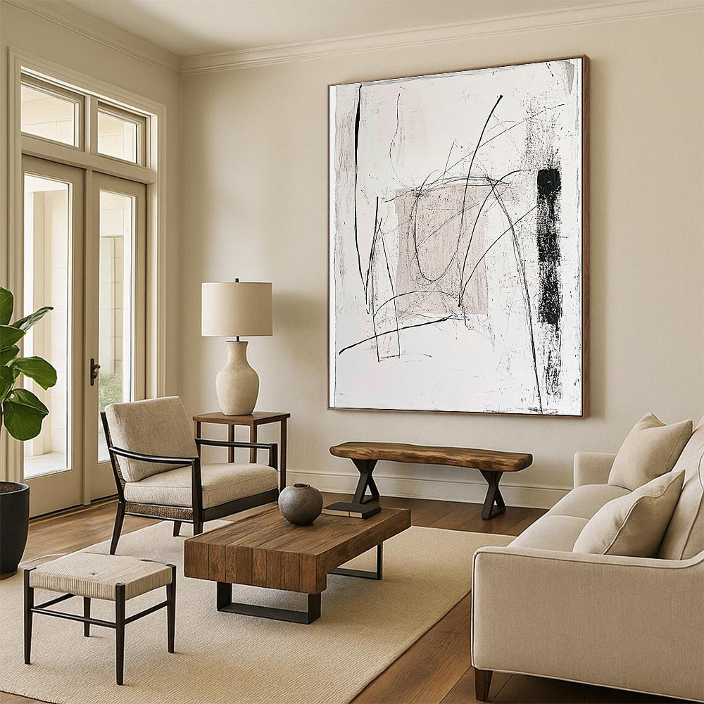 Black and White Line Abstract Painting with Dynamic Strokes GER097