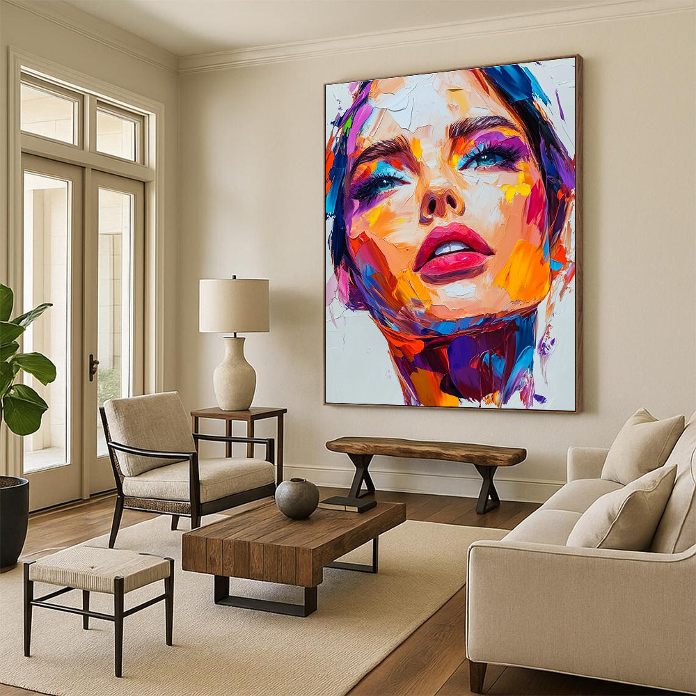 An abstract painting featuring a close-up portrait of an attractive woman with vibrant colors and thick brush strokes on a white background.STSC1162