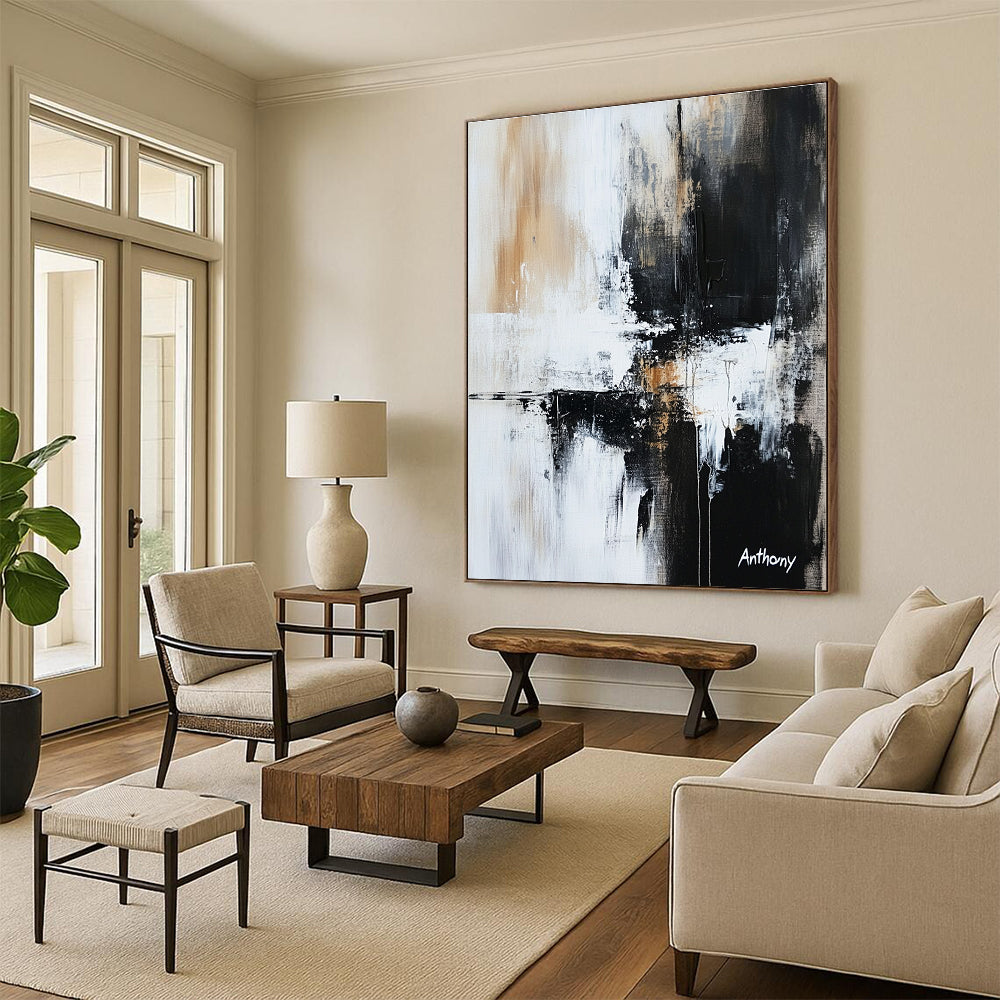 Large abstract painting in black white and gray featuring textured brush strokes and ink spots evoking contemplation and introspection.STSC741