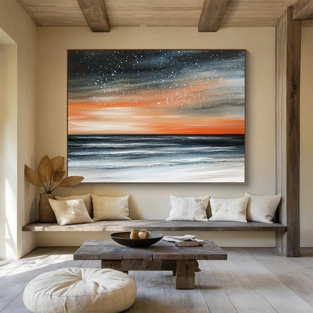 Starry Sea Sunset Abstract Painting with Orange Black and White DYP289