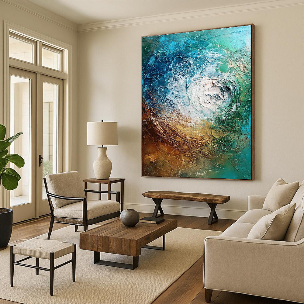 Large abstract painting depicting an underwater scene with textured brush strokes in rich shades of brown blue-green and metallic accents.STSC832