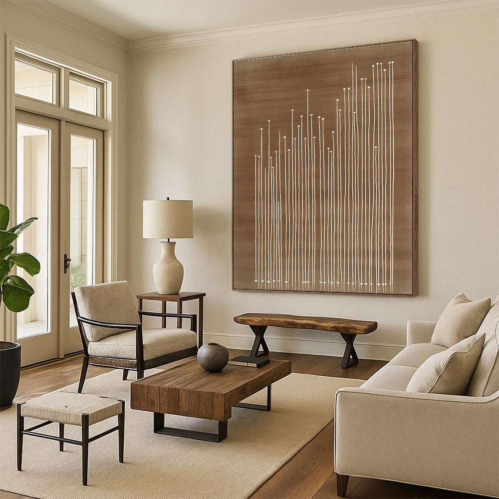 An abstract artwork featuring a brown carpet with white lines embroidered texture and simple line work in the style of Tathagata Design Studio.STSC929