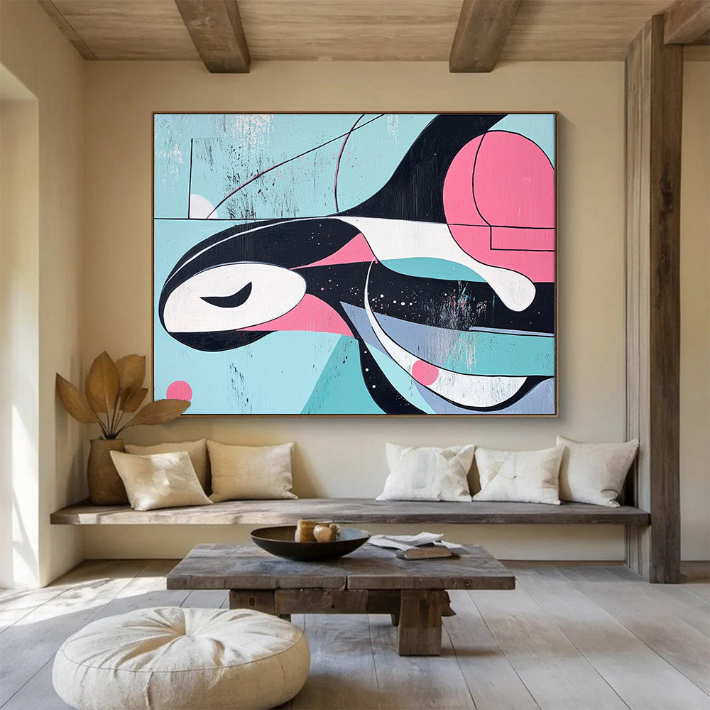 Large abstract painting of an orca featuring lines and shapes inspired by Kandinsky in a pink blue and grey color paletteSC167