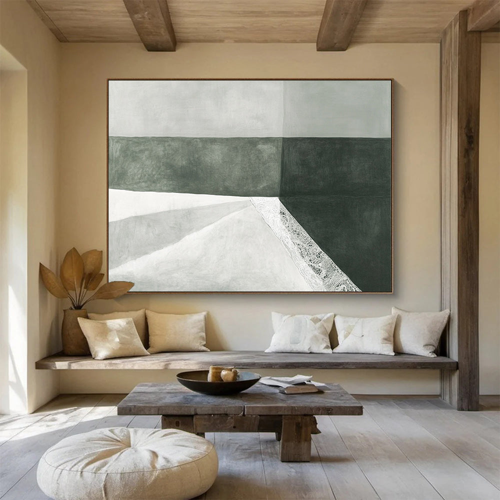 A large abstract drawing features a white fabric bag with lace on green paper against a subtle gray background, showcasing minimalist elegance and soft lighting.SC462