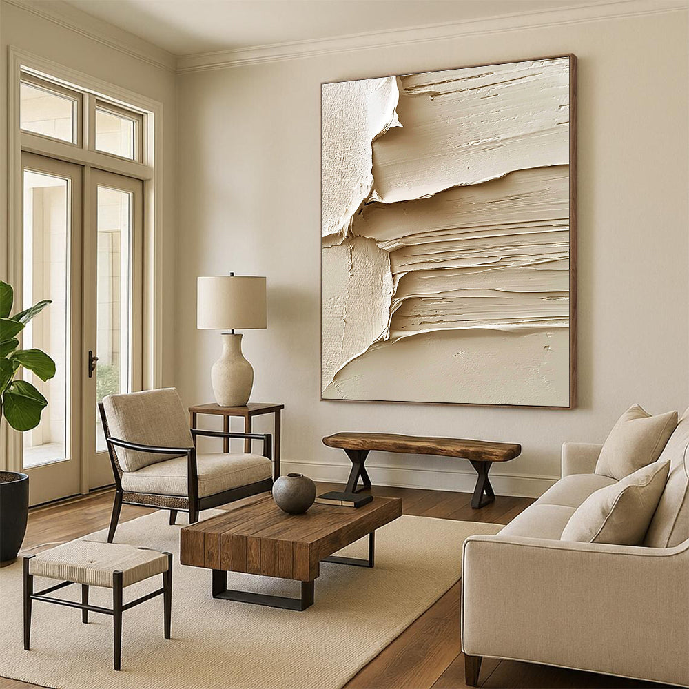 Beige Textured Abstract Painting with Layered Surfaces GER071