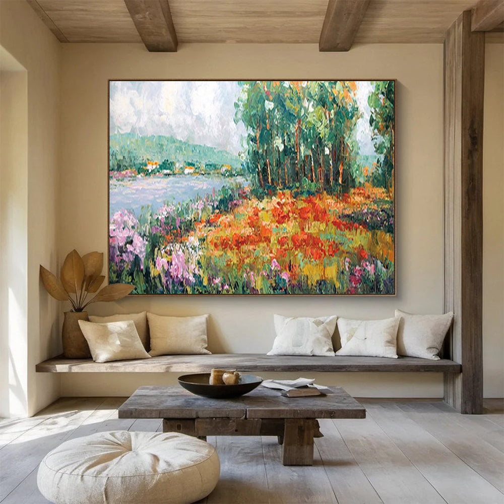 Lakeside Flower Field Abstract Painting with Colorful Floral Tones THY228