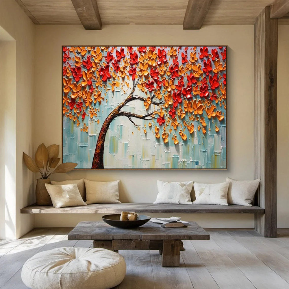 3D Autumn Tree Abstract Painting with Orange, Red, and Blue Tones THY168