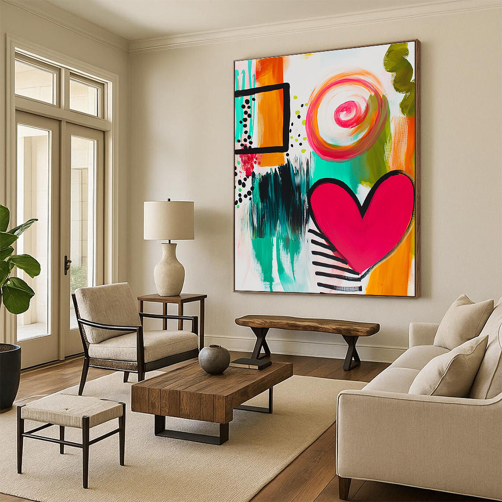 Large abstract painting featuring bold lines bright colors stripes and dots with a joyful heart shape and lively green swirls.STSC745