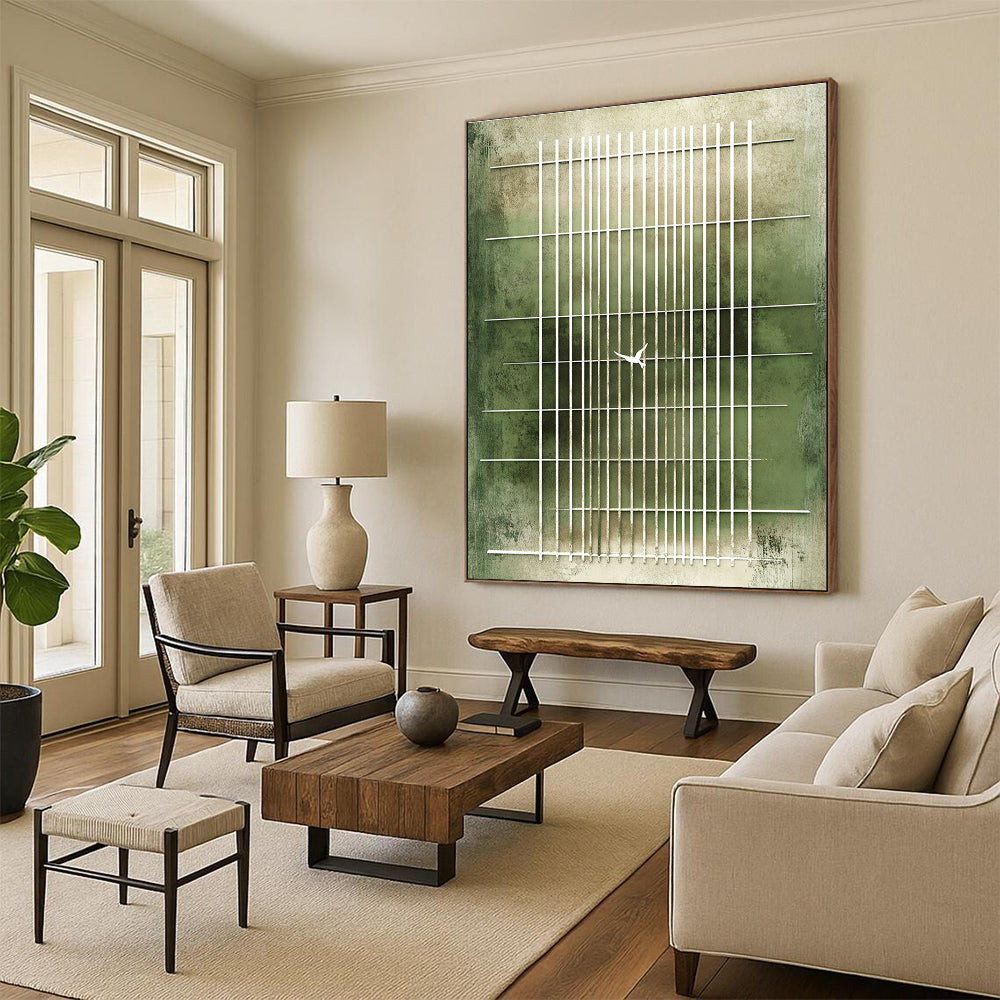 Large abstract painting featuring a green striped background with white doves symbolizing peace against soft beige tones evoking hope and contemplation.STSC1216