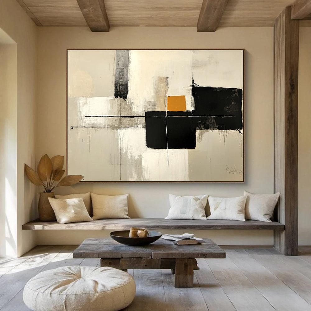 Large abstract painting featuring thick brush strokes in neutral colors with gray and black blocks and a small orange shape on a white background.SC503