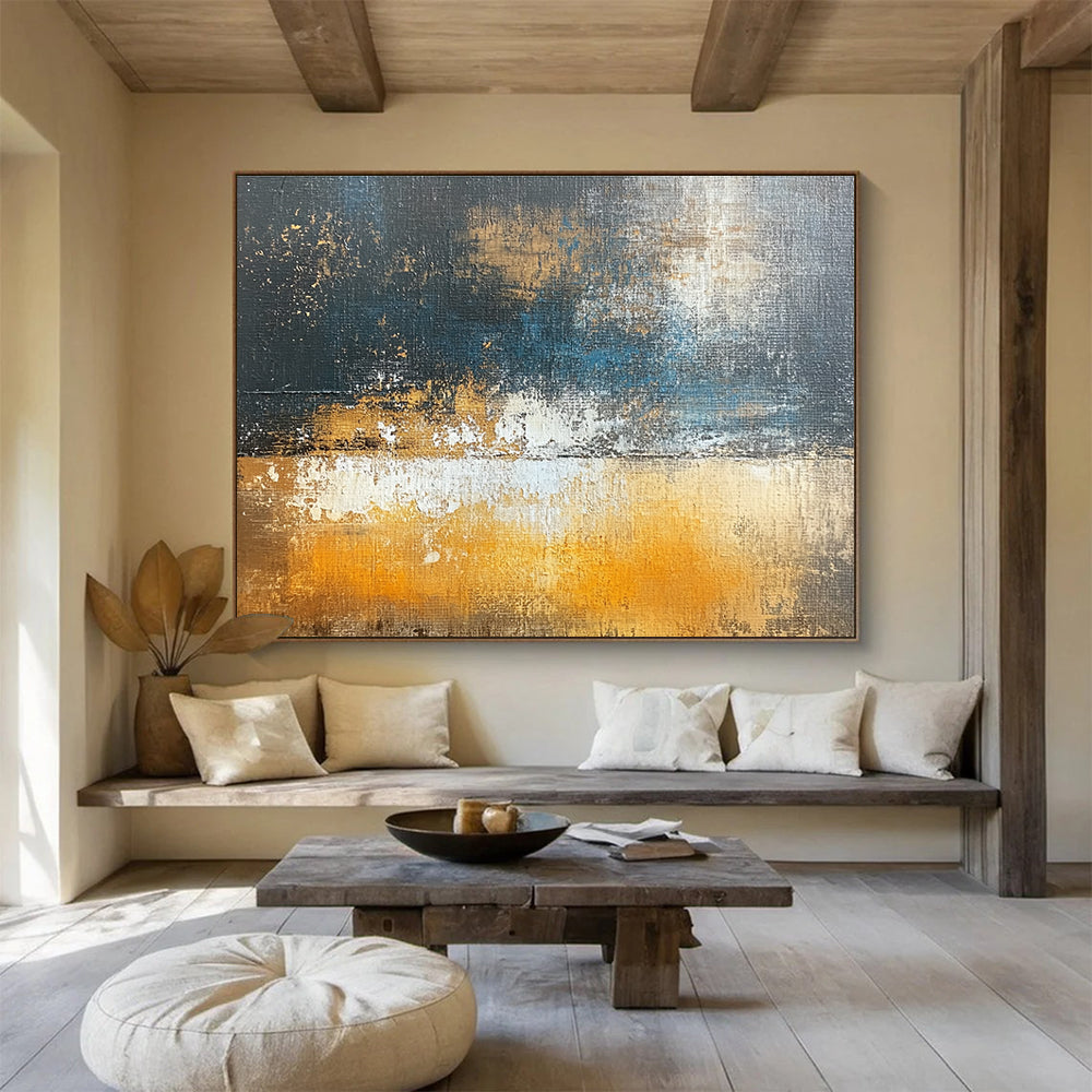 Large abstract oil painting depicting an urban landscape in dark gray and light amber with brown and blue accents using large brush strokes.SC109