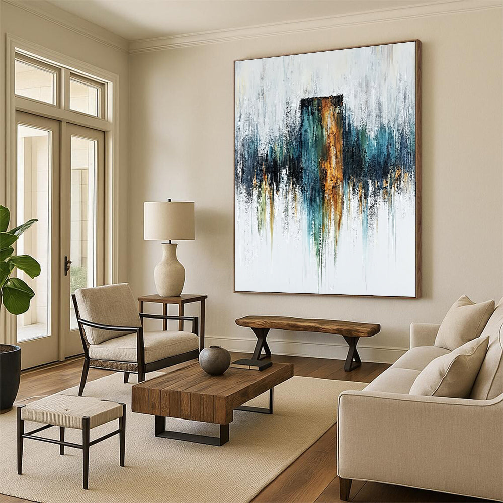 Large abstract painting featuring a rusted metal column on a white canvas with blue green and warm tones for depth and mystery.STSC494