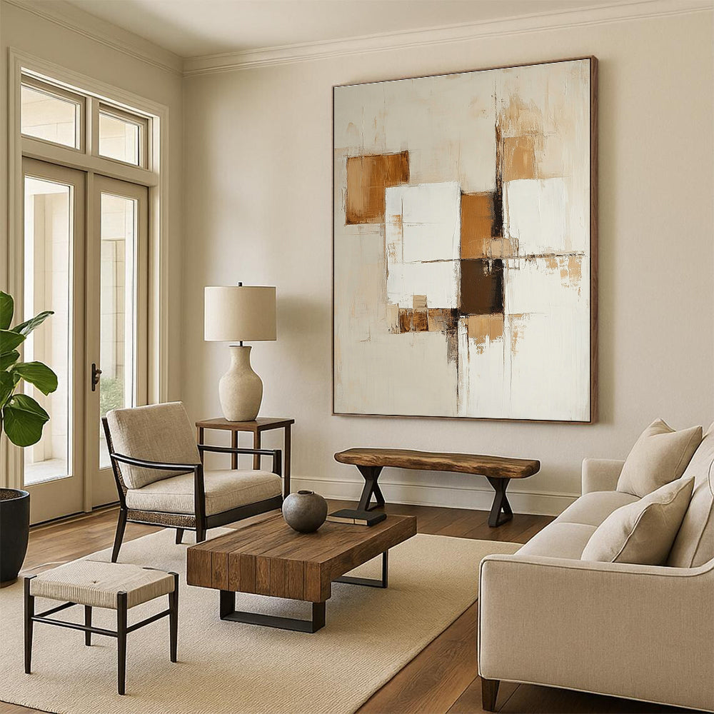 Large abstract painting featuring beige and white squares with brown accents for a modern artistic touch.STSC763
