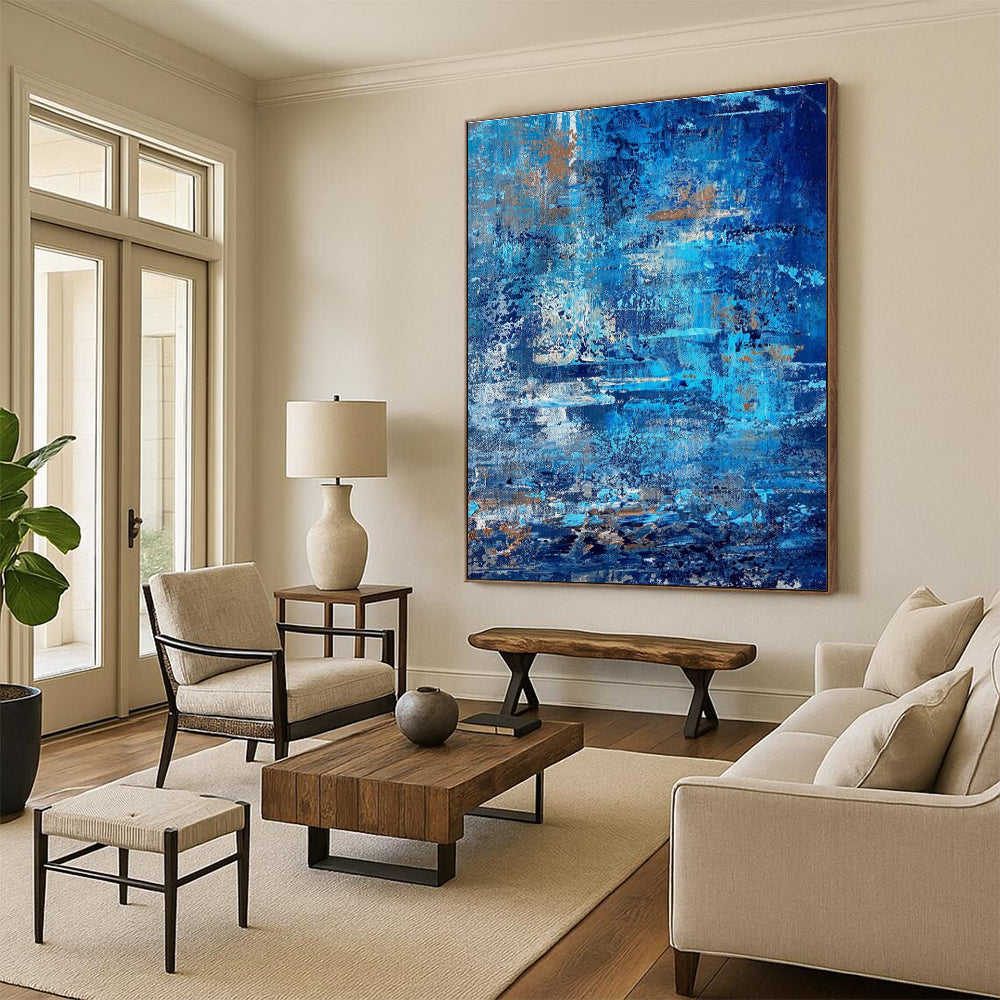 Blue - Gold Textured Abstract Painting with Layered Brushstrokes ADGE457