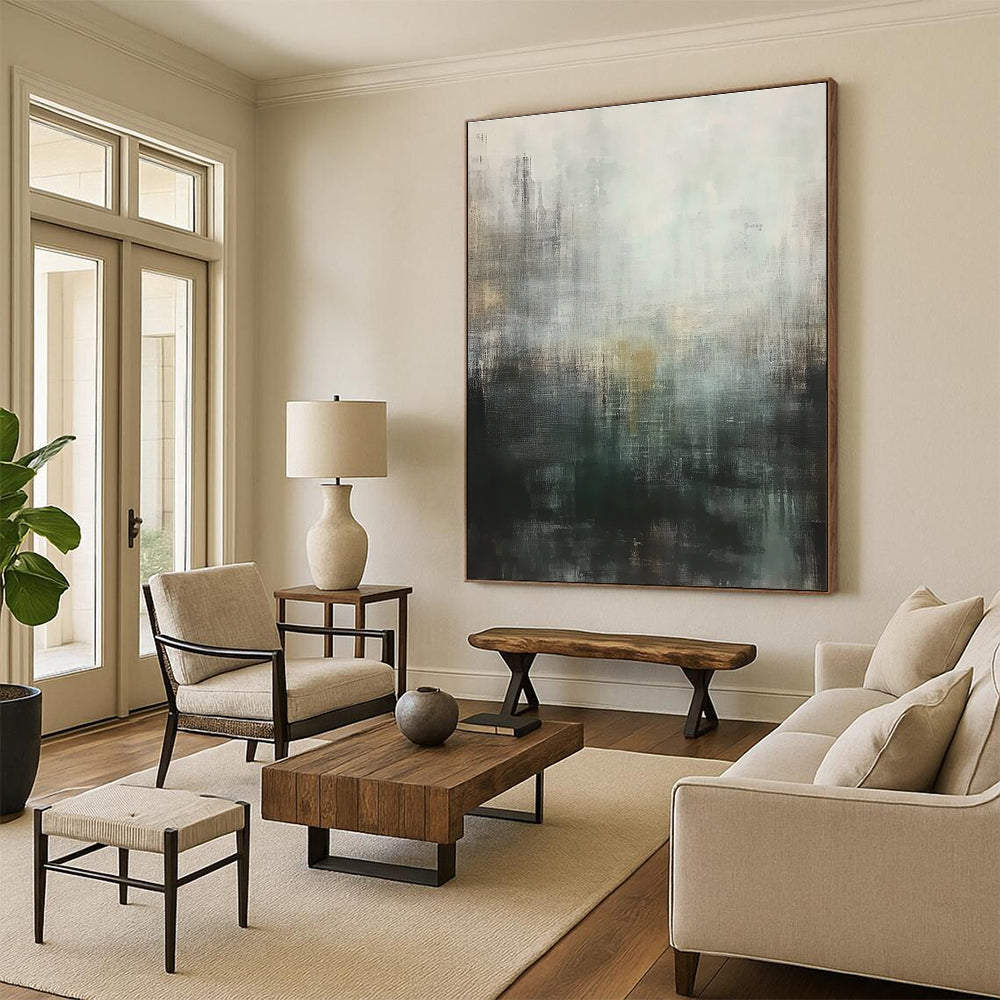 Large abstract painting featuring muted gray tones with hints of green and brown conveying a calm yet melancholic urban landscape.STSC604