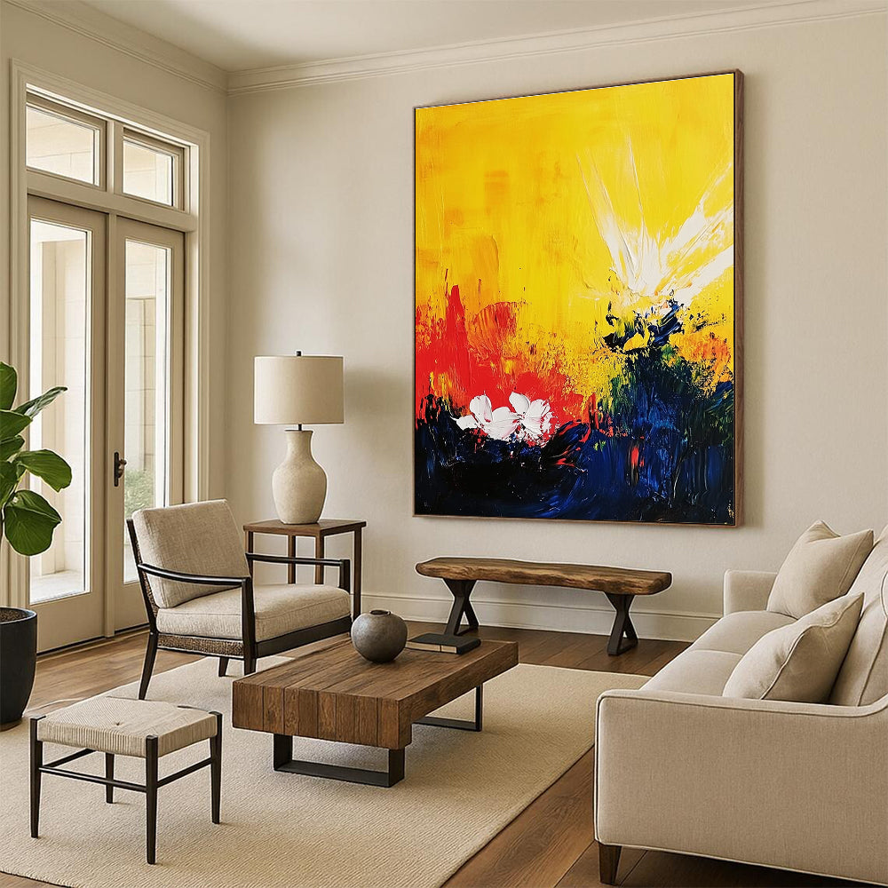 Abstract painting with a yellow background features red and blue splashes white flowers and bright sun rays in a dynamic acrylic composition.STSC407