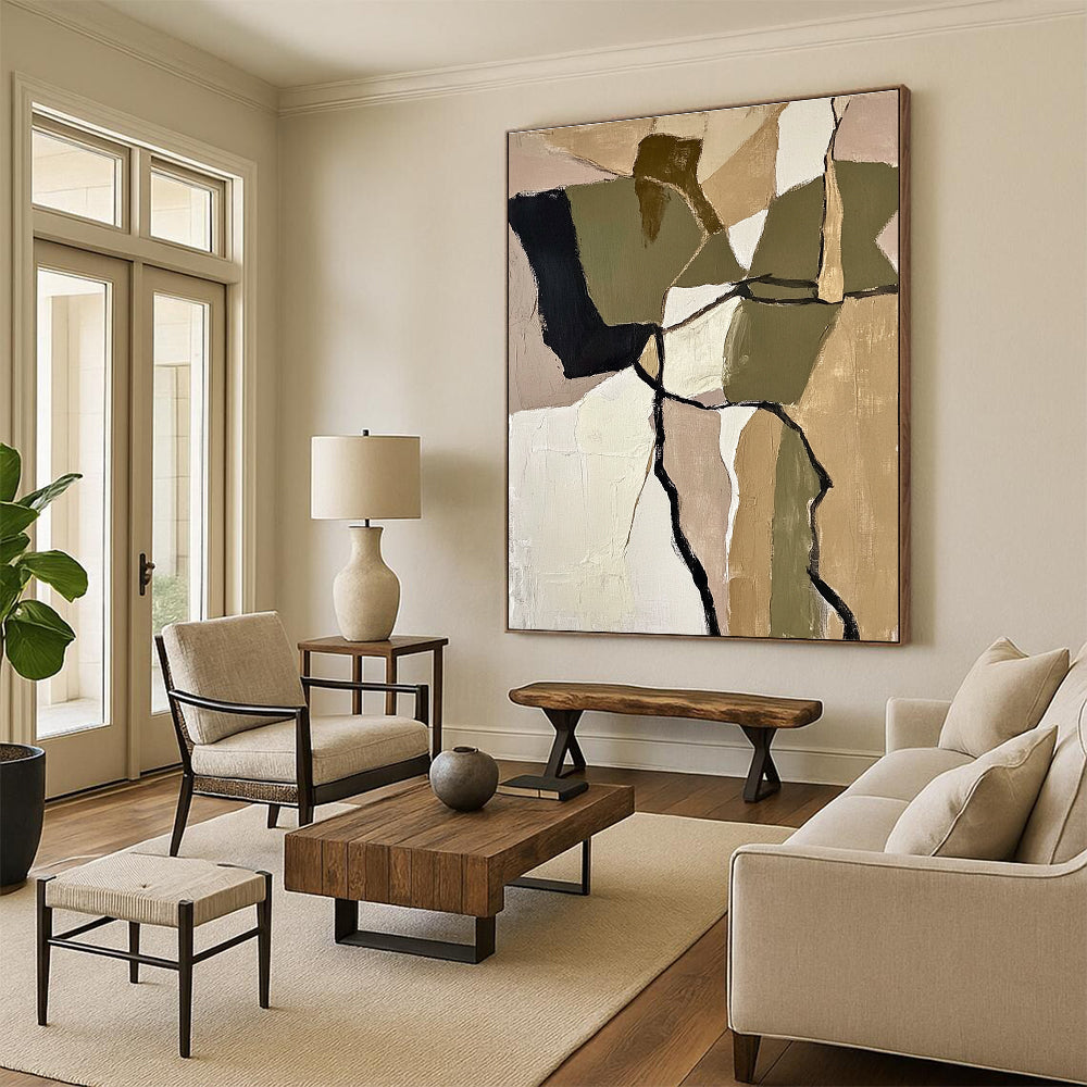 Large abstract painting featuring textured beige and olive green shapes inspired by Robert Motherwell evoking calmness through earthy tones and organic forms.STSC844