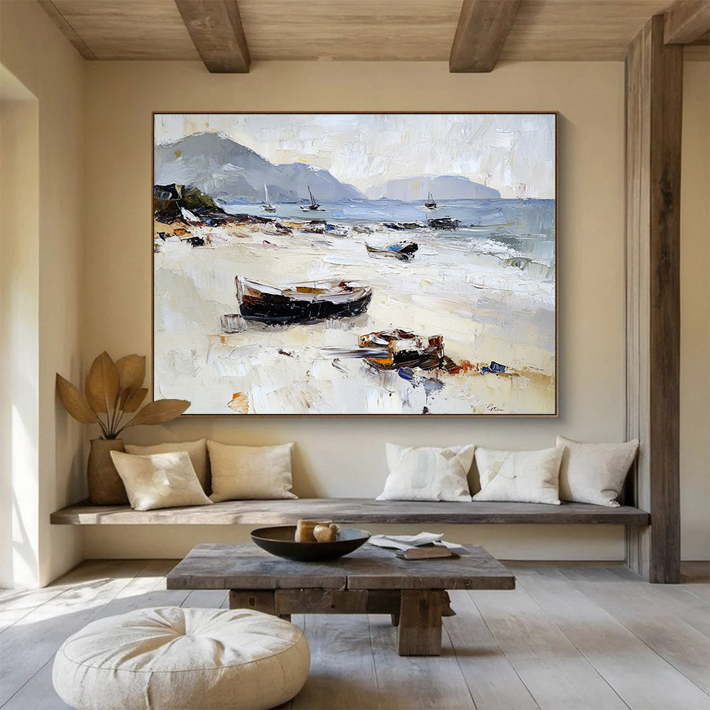 Beach with Boats Impasto Abstract Painting with Light and Neutral Tones DYP602