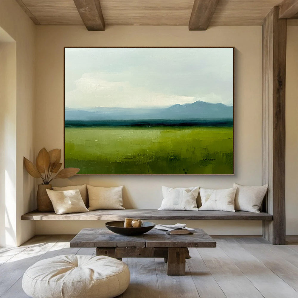 Vast Green Plain Abstract Painting with Green and Blue Tones DYP567