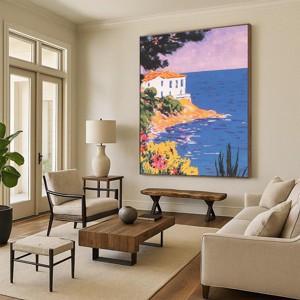 A large abstract painting featuring a vintage postcard of the Mediterranean coast with pastel colors and a stunning purple-blue sky.STSC1228