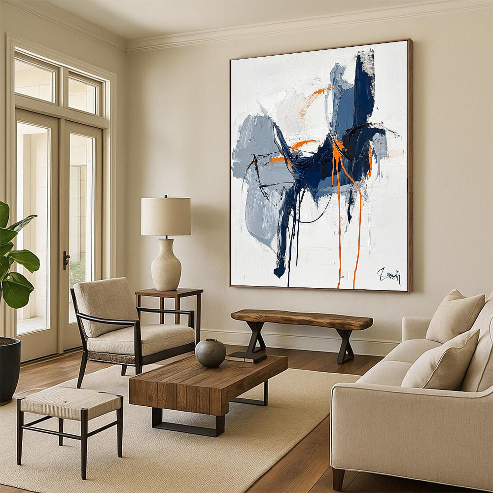 Large abstract painting featuring blue and orange lines draping organically with a black outline set against a white background in an expressionist style.STSC676