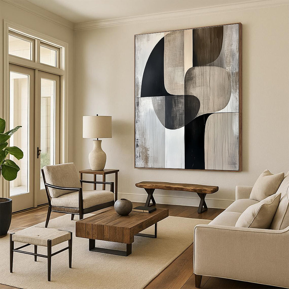 Neutral Shapes Abstract Painting with Black and Beige GER694