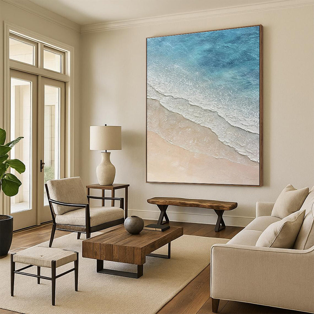 Blue and Beige Beach Wave Abstract Painting with Textured Layers ADGE314