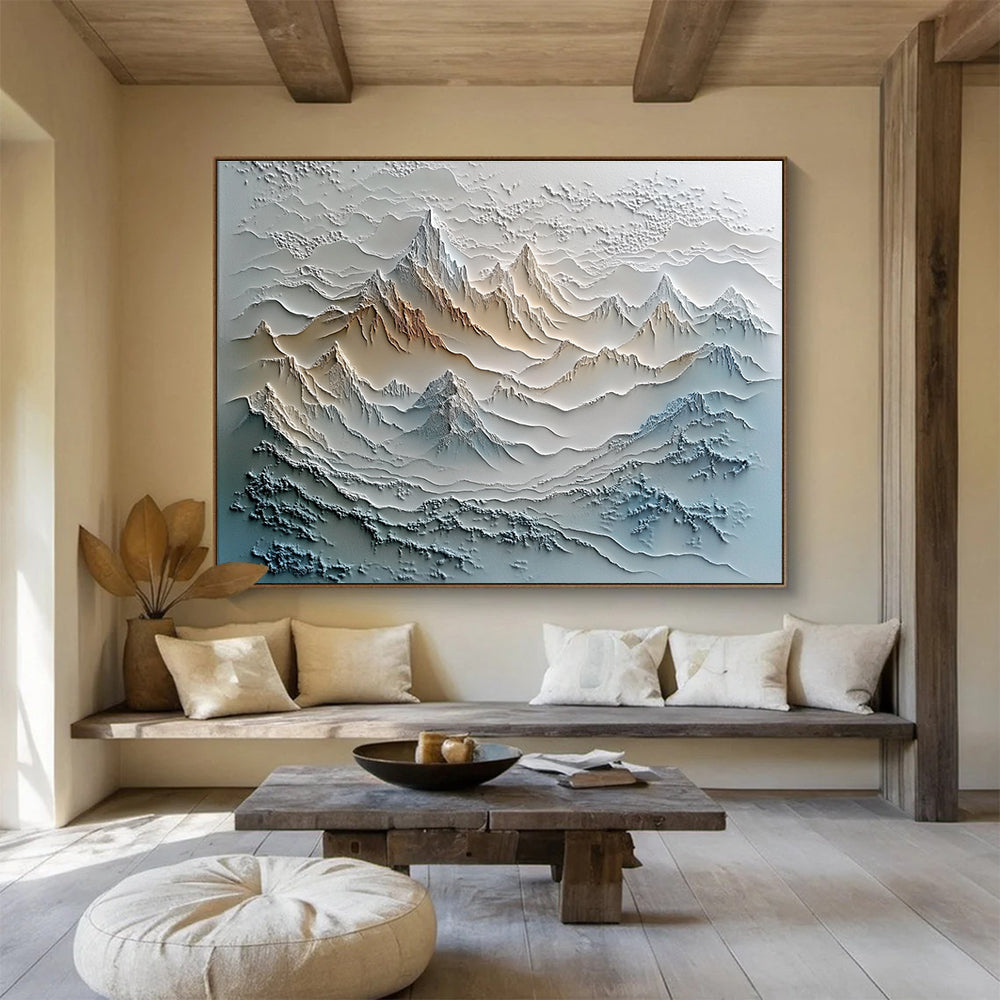 A large abstract painting featuring textured layers of mountains and rivers in vibrant colors, set against a misty, tranquil landscape.SC624