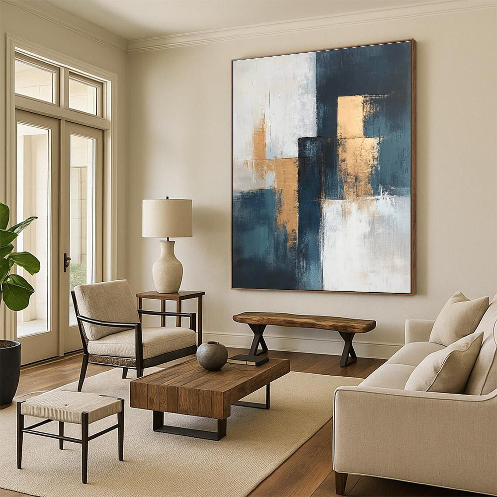 Teal and Gold Abstract Painting with Geometric Elegance GER374